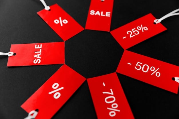A detailed shot of various product tags showing different prices and discounts, emphasizing the concept of price comparison and savings.