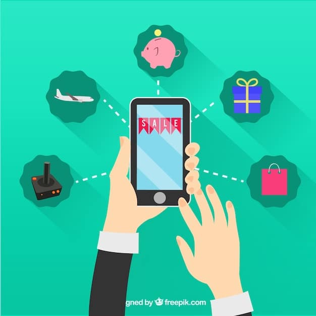 A person's hand holding a smartphone displaying a shopping cart icon with various digital coupon graphics floating around it, representing online savings, with a modern, clean background.