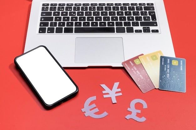 A detailed flat lay of a laptop, smartphone, and credit card, with various currency symbols and percentage signs floating above, indicating savings from online shopping.
