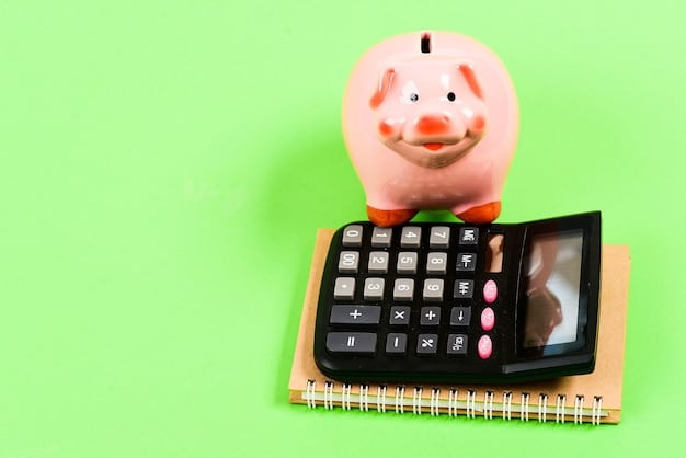 A calculator displaying a large savings amount, surrounded by coins, dollar bills, and various coupons, illustrating financial gains. Clean, bright setting.