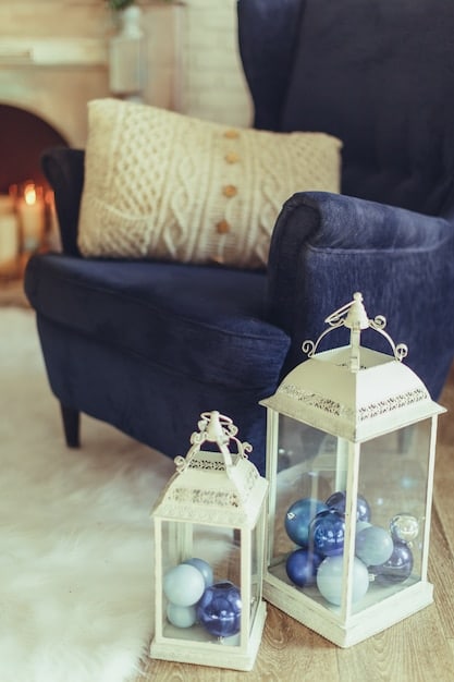 A cozy living room scene with a tastefully decorated sofa, throw pillows, and subtly placed lanterns, indicating comfortable and stylish home decor, with an implied sense of affordability.