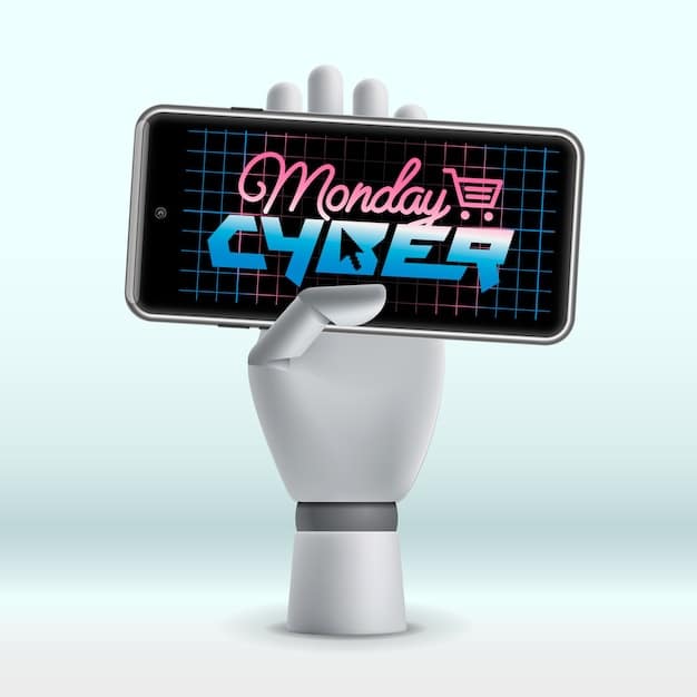 An AI robot hand holding a smartphone displaying a personalized coupon offer, with glowing data waves and user profile icons in the background, illustrating AI-driven coupon personalization.