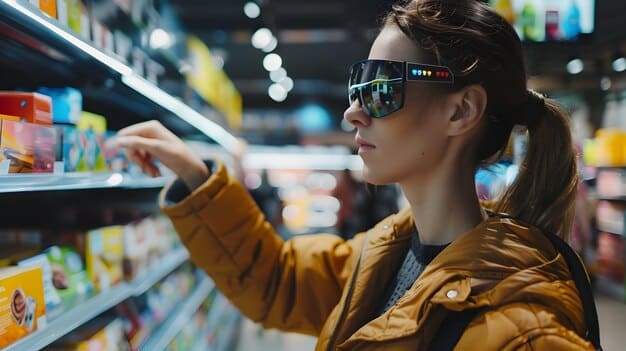 A person wearing AR glasses in a supermarket, with holographic coupons and product information floating around items, showing the integration of augmented reality into experiential couponing.