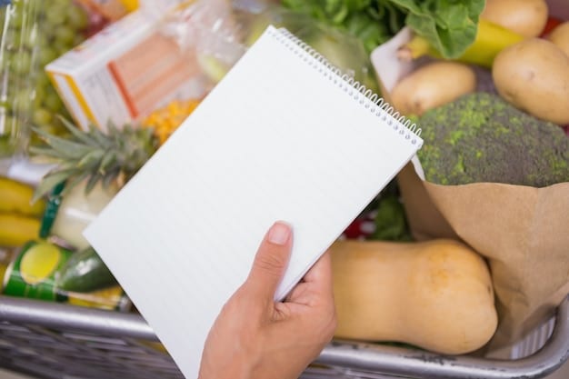 A person's hand holding a neatly organized stack of various food coupons, with a grocery shopping list and a pen on a kitchen counter in the background.