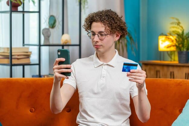 A person looking at a smartphone with several credit card apps open, displaying different cashback percentages and reward balances, suggesting financial management and comparison. The background is a cozy home office setup.