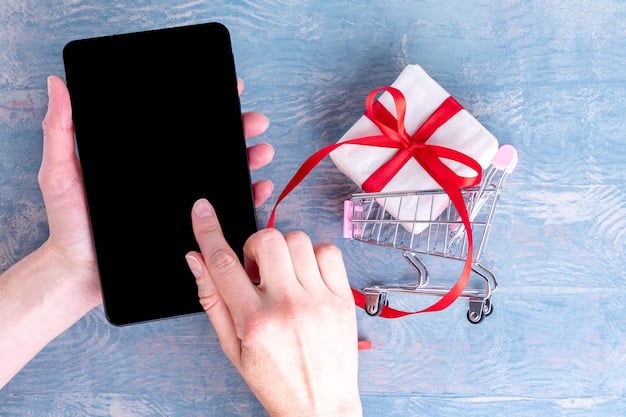 A person's hand holding a smartphone, displaying an online shopping cart and a small pop-up notification about 