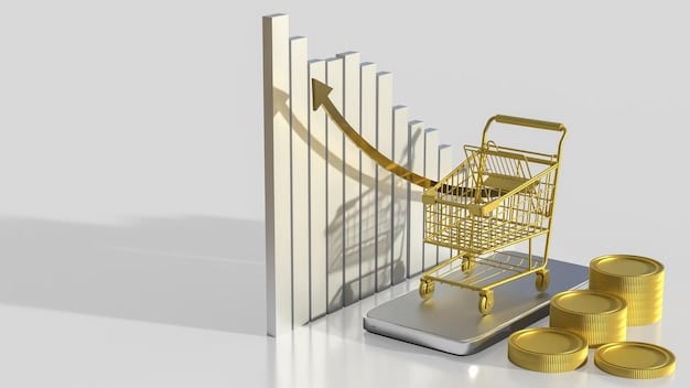 A detailed financial graph showing upward trends, overlaid with coins and a shopping cart icon, symbolizing growth and successful financial management.
