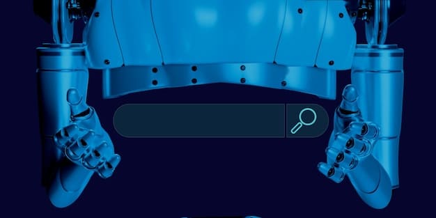 A close-up of a web browser's search bar with a magnifying glass icon next to it, indicating search and security, with abstract digital patterns overlaying the scene.