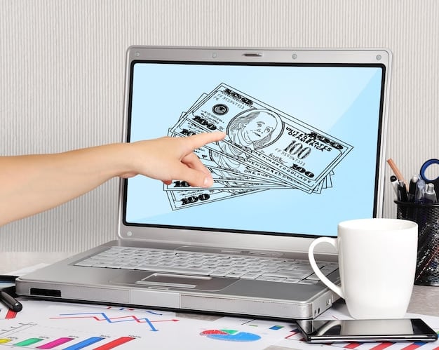 A person's hand holding a small stack of dollar bills and coins, with a blurred background of a computer screen displaying financial charts, illustrating the concept of earning money.