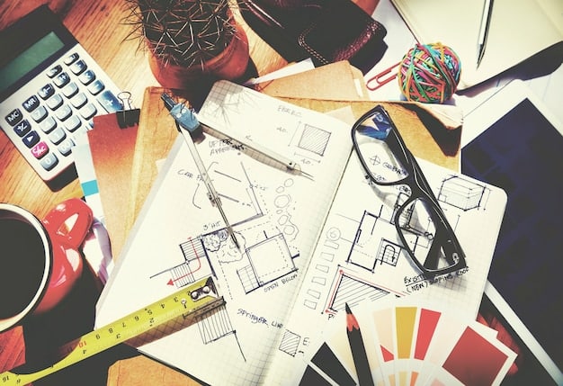 A detailed hand-drawn blueprint of a house renovation project on a desk, surrounded by colored pens, a calculator, and a calendar with marked dates, signifying careful planning and budgeting.