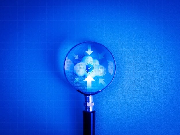 A magnifying glass hovering over a browser extension icon, with data lines flowing securely, representing security and data privacy. Subtly in the background, a padlock icon.