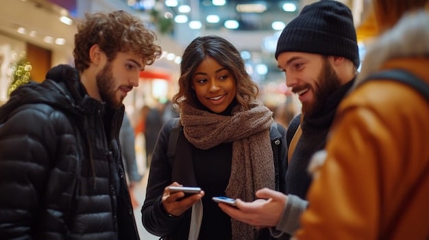 A diverse group of people smiling and interacting in a modern retail store, with some holding electronic devices, suggesting successful smart shopping and finding good deals.
