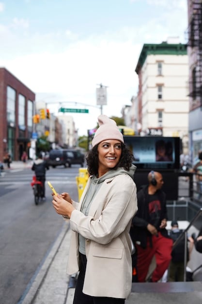 A bustling street scene in an American downtown, with diverse local businesses, smiling people walking by, and a prominent 