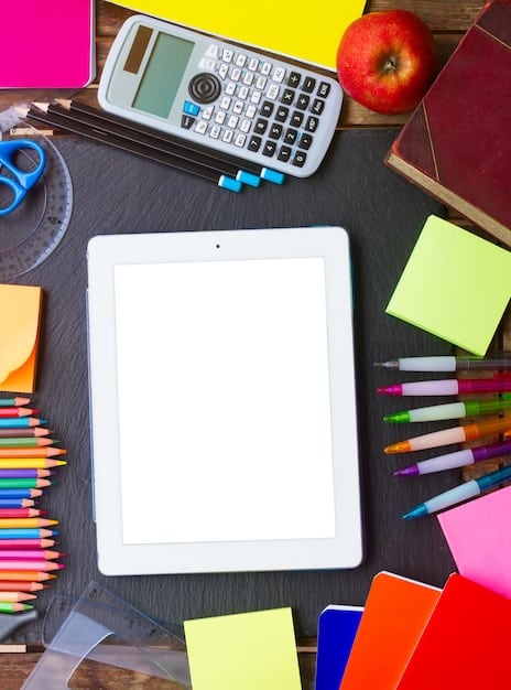 A tablet displaying a price tracking app with graphs showing price history of a product, next to a school supply list and a calculator.