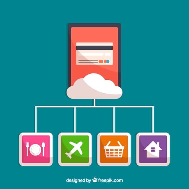 A dynamic graphic illustrating data flow from multiple e-commerce websites (represented by simplified icons) funneling into a central price tracking server, which then sends out a 
