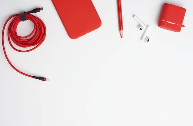 A clean, minimalist flat lay of various tech gadgets (wireless earbuds, a sleek power bank, and a compact portable speaker) artfully arranged on a light background, emphasizing their compact size and modern design.